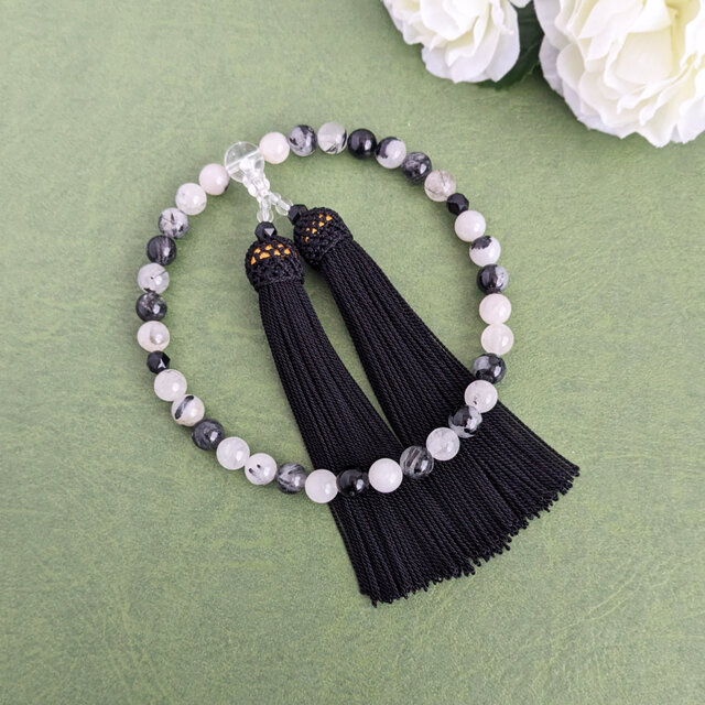 女性用/主玉8mm】トルマリンクォーツとオニキスの数珠・略式念珠/正絹