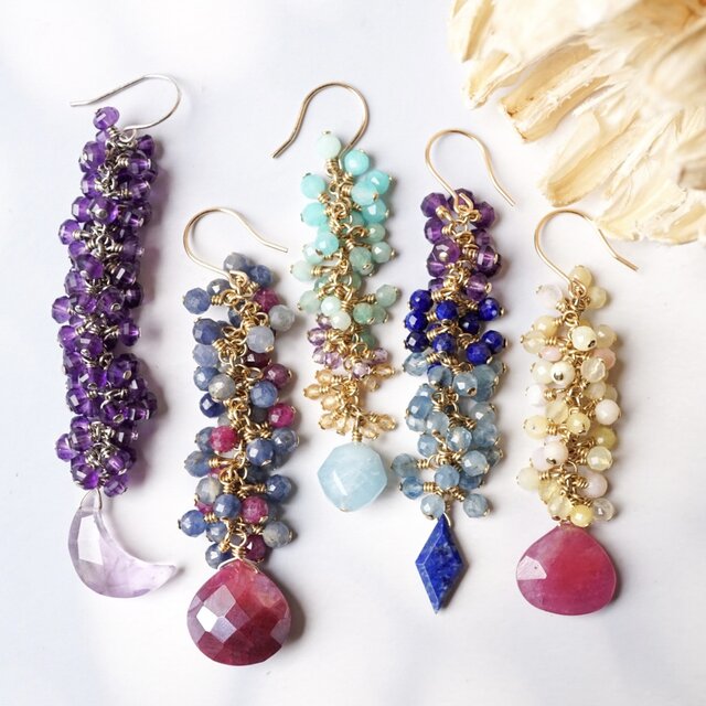 14kgfカラーオパールロングピアス/イヤリング 1点限定】「果実日和」イエローオパール ピンクオパール ルビー