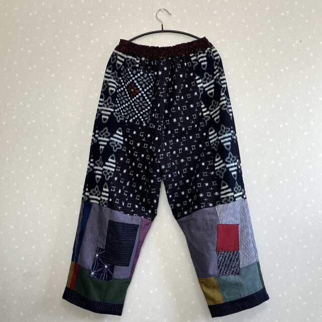 No.170つぎはぎパンツ パッチワークフリーサイズゆったり久留米絣