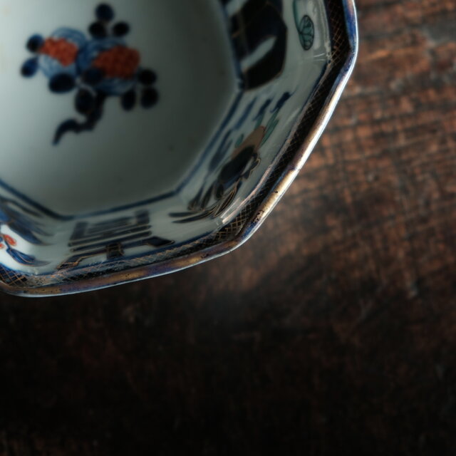 八角染付伊万里鉢 古伊万里 染錦八角鉢2客 明治～大正/20a05