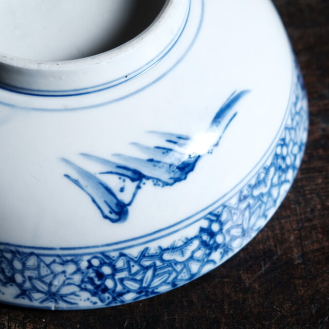 漢文と風景図◇縁に松竹梅。瀬戸焼 時代染付印判大鉢 碗 骨董