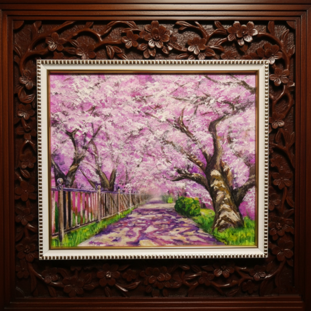 油彩画「満開の桜のトンネル」桜並木 春のインテリア | iichi 日々の
