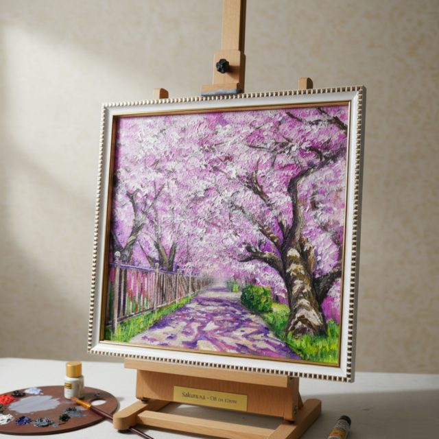 油彩画「満開の桜のトンネル」桜並木 春のインテリア | iichi 日々の