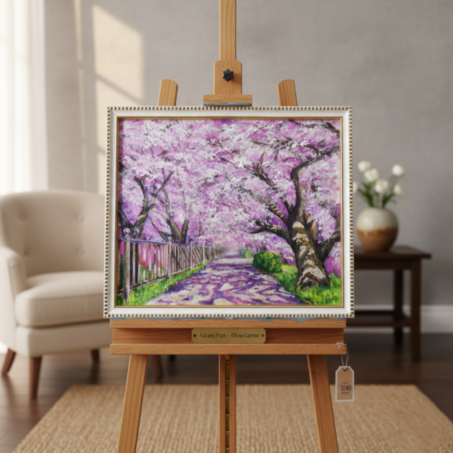 油彩画「満開の桜のトンネル」桜並木 春のインテリア | iichi 日々の