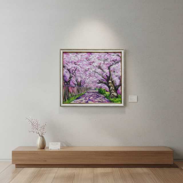 油彩画「満開の桜のトンネル」桜並木 春のインテリア | iichi 日々の