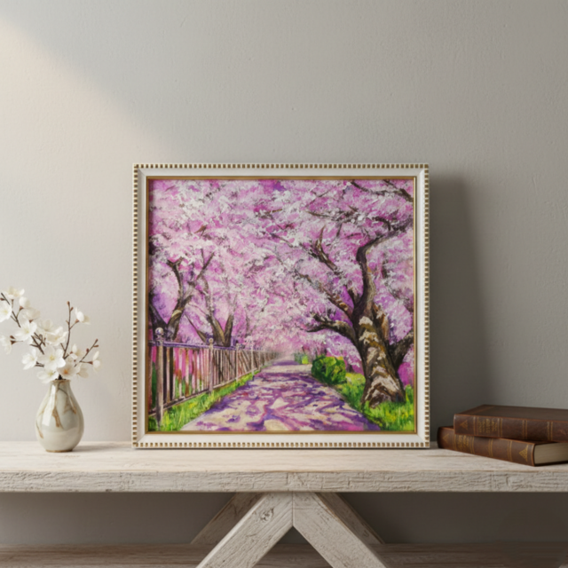 油彩画「満開の桜のトンネル」桜並木 春のインテリア | iichi 日々の