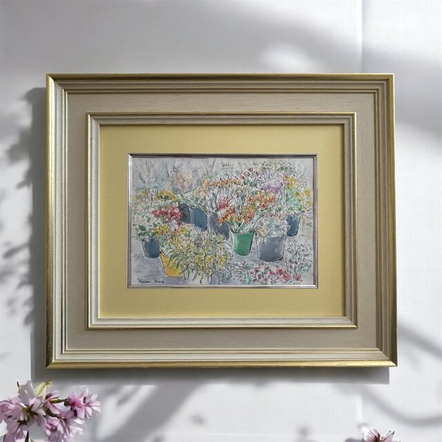 春を告げる店先(水彩画原画、額付き、フランス、パリ) | iichi 日々の