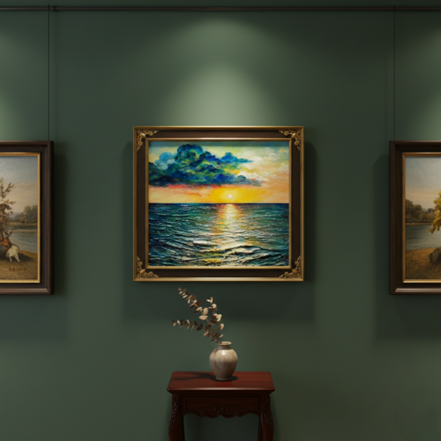 油絵【Sea at Dusk】夕暮れの海 ｜ フレーム付 原画 玄関・寝室の彩り