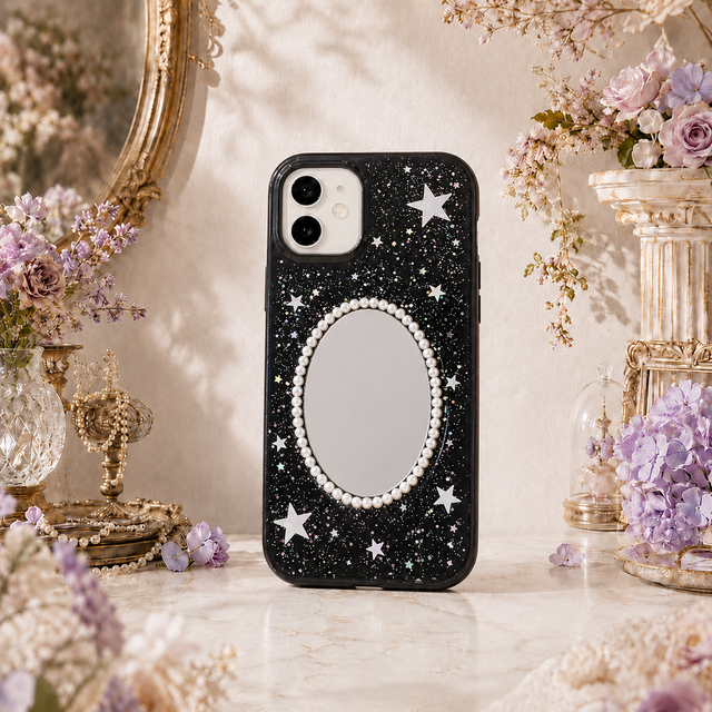 星空ミラー付きデコ電スマホケース 黒ラメ星柄 パール鏡 iPhone