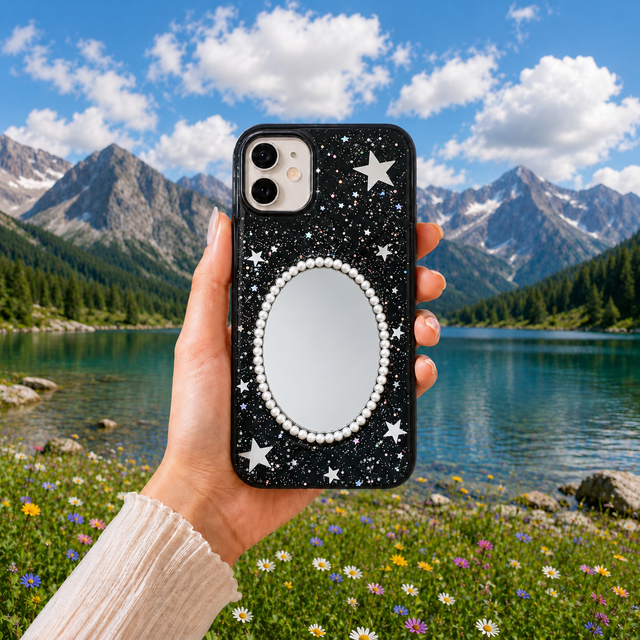 星空ミラー付きデコ電スマホケース 黒ラメ星柄 パール鏡 iPhone