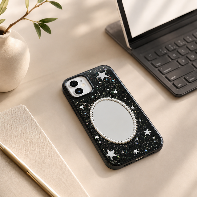 星空ミラー付きデコ電スマホケース 黒ラメ星柄 パール鏡 iPhone