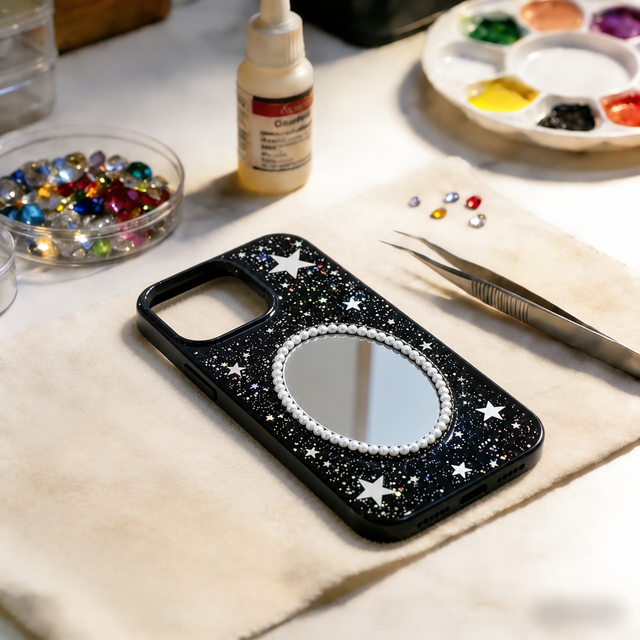 星空ミラー付きデコ電スマホケース 黒ラメ星柄 パール鏡 iPhone