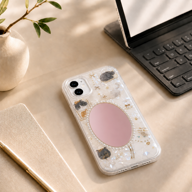 ミラー付きデコ盛り★iPhone x ミラー付きデコスマホケース｜クリア・ビジュー・パール｜iPhone