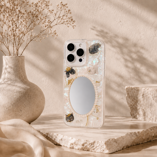 ミラー付きデコ盛り★iPhone x ミラー付きデコスマホケース｜クリア・ビジュー・パール｜iPhone