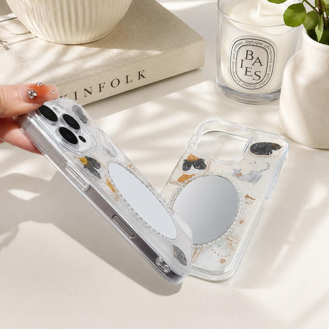 ミラー付きデコスマホケース｜クリア・ビジュー・パール｜iPhone
