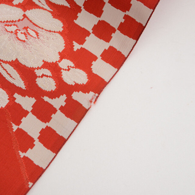 日本舞踊・和装帯・絹 華柄・昭和レトロ&アンティーク 名古屋帯 正絹 花柄 市松模様 昭和レトロ ジャパンヴィンテージ