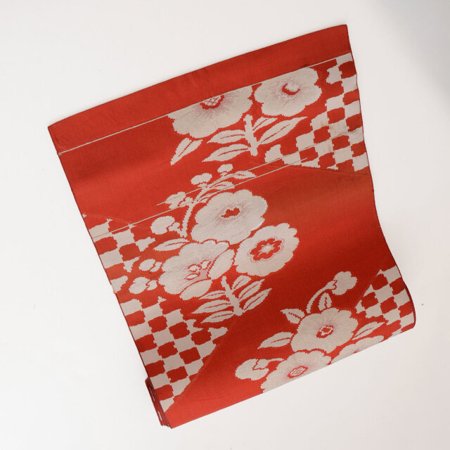 名古屋帯 正絹 花柄 市松模様 昭和レトロ ジャパンヴィンテージ