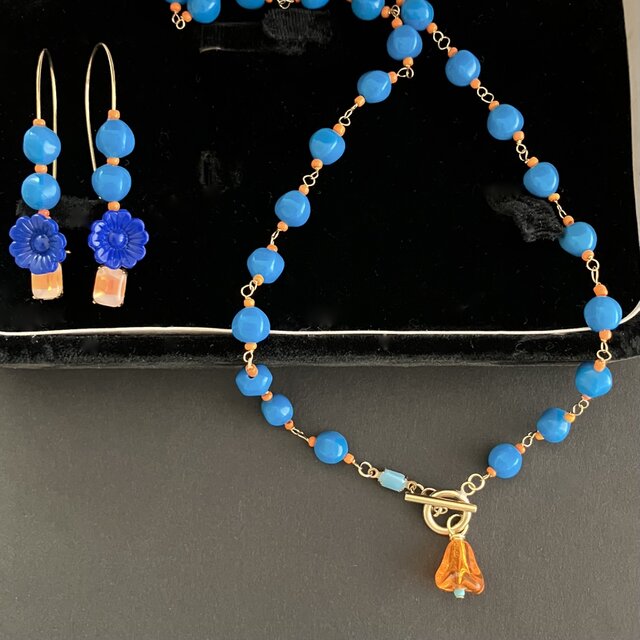 Vintage German Beads : Blue + Orange 】お花のネックレスとピアスの