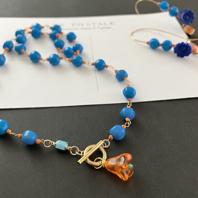 Vintage German Beads : Blue + Orange 】お花のネックレスとピアスの
