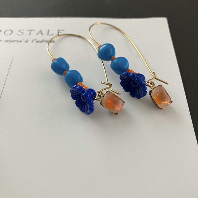 Vintage German Beads : Blue + Orange 】お花のネックレスとピアスの