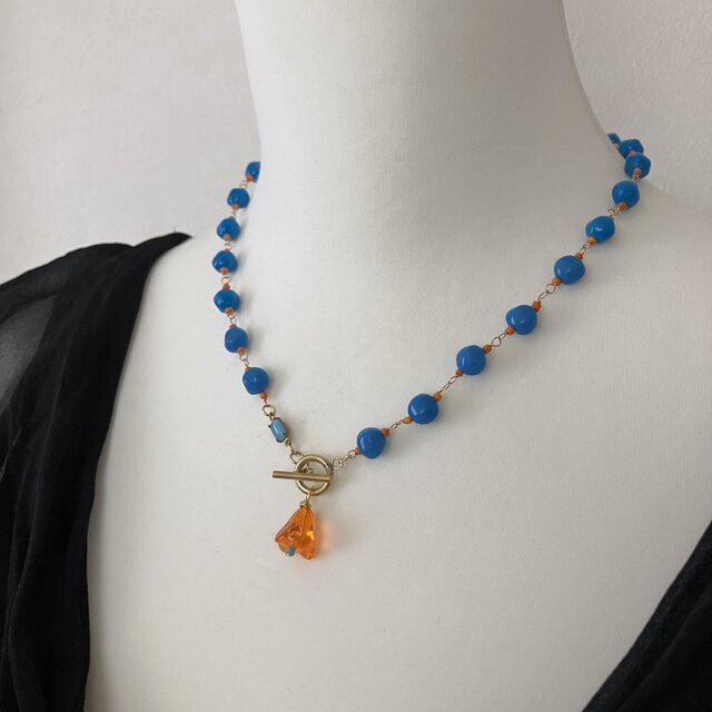 Vintage German Beads : Blue + Orange 】お花のネックレスとピアスの