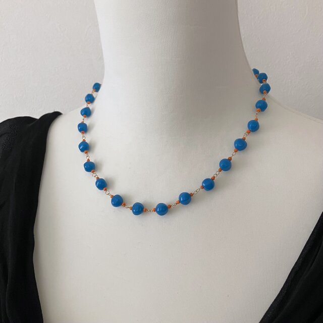 Vintage German Beads : Blue + Orange 】お花のネックレスとピアスの