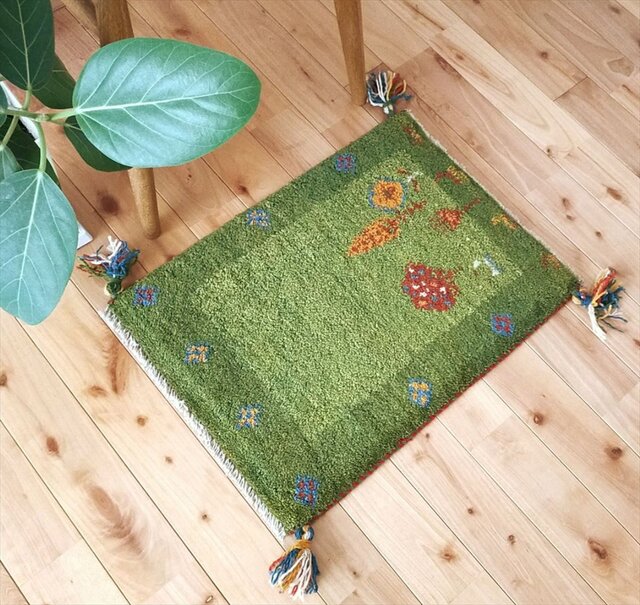 ペルシャ ギャッベ 玄関マット小 ラグ 56.5x42cm 緑色 風景 生命の木