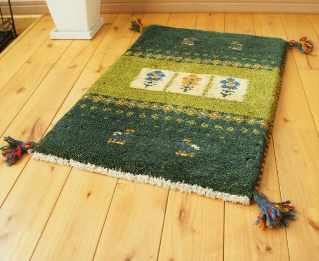 ペルシャ ギャッベ 玄関マット小 ラグ 60x42cm 緑色 花 ヤギ NN19431