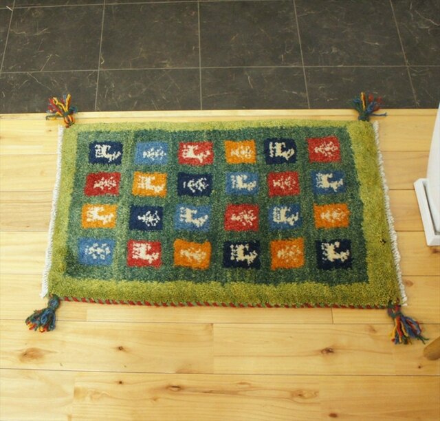 ペルシャ ギャッベ 玄関マット小 ラグ 59x40cm 緑色 タイル 生命の木