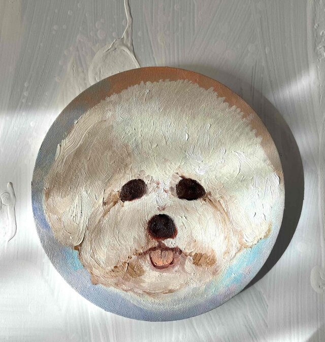 絵画 『ペロ』原画 油彩 直径20cm 犬 DOG 絵画 丸形アートパネル