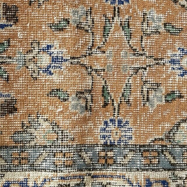 56×120ペールオレンジ 青い花 ボタニカル トルコヴィンテージラグ