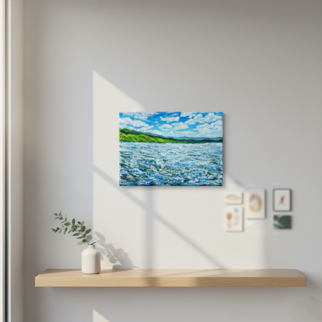 油絵 原画【蒼天と青い花】空と花畑の風景画 絵画 油彩画 インテリア