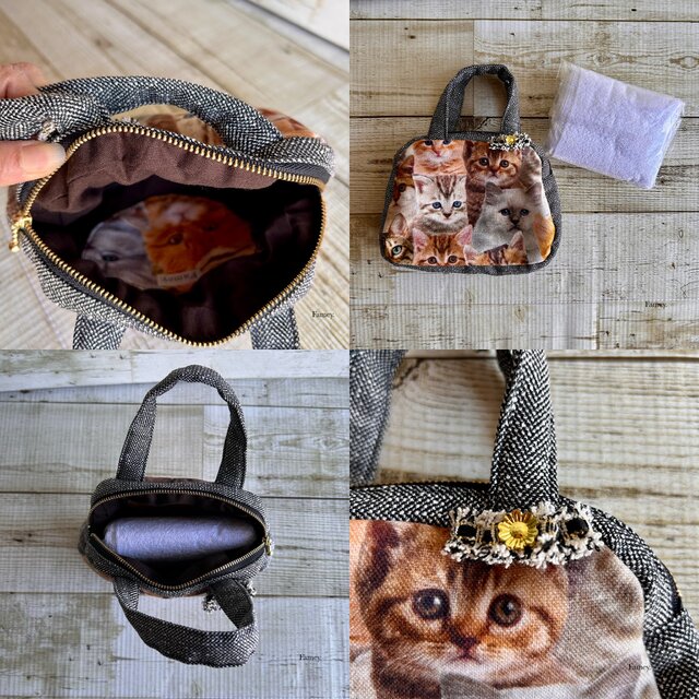 大人かわいい猫ちゃんたちのミニボストンバッグ 小物入れ バッグイン