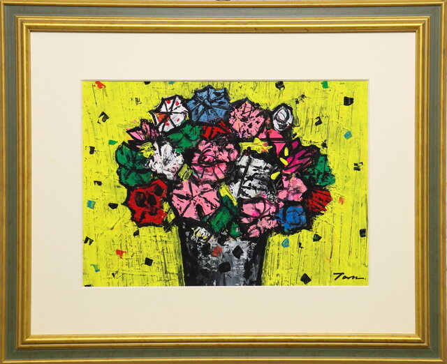 Flowers」(NO.2605) 4号F ケント紙にアクリル絵の具 送料無料 安本太ん