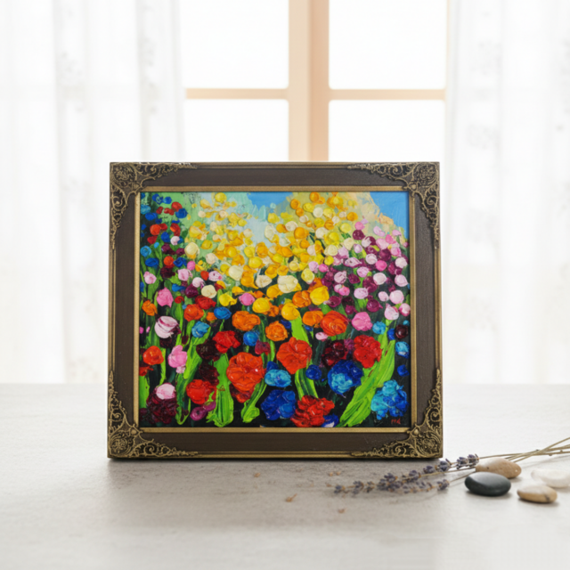 原画】油絵「colorful flower garden」色紙/ 鮮やかな花畑の風景画