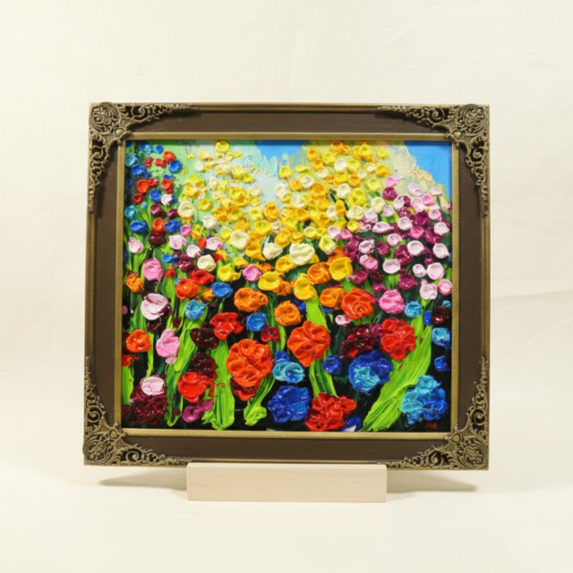 原画】油絵「colorful flower garden」色紙/ 鮮やかな花畑の風景画