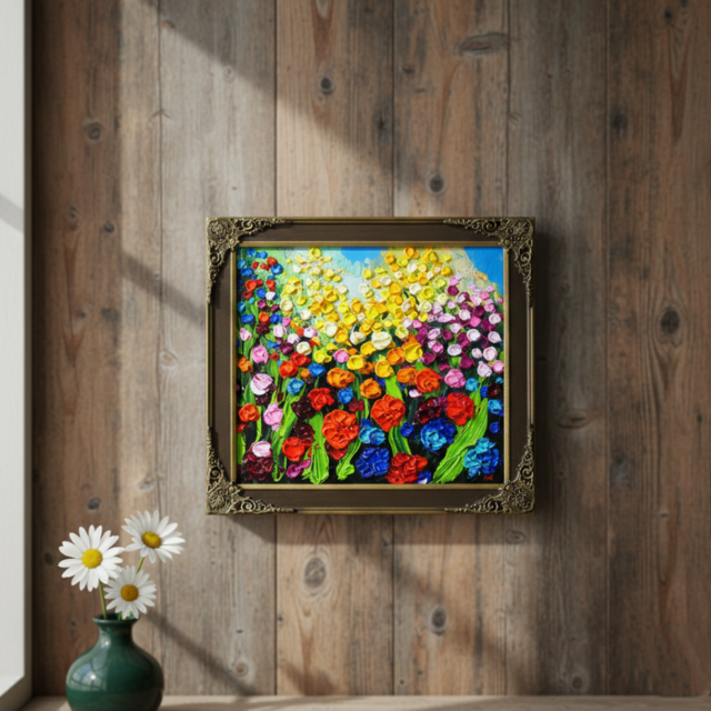 原画】油絵「colorful flower garden」色紙/ 鮮やかな花畑の風景画