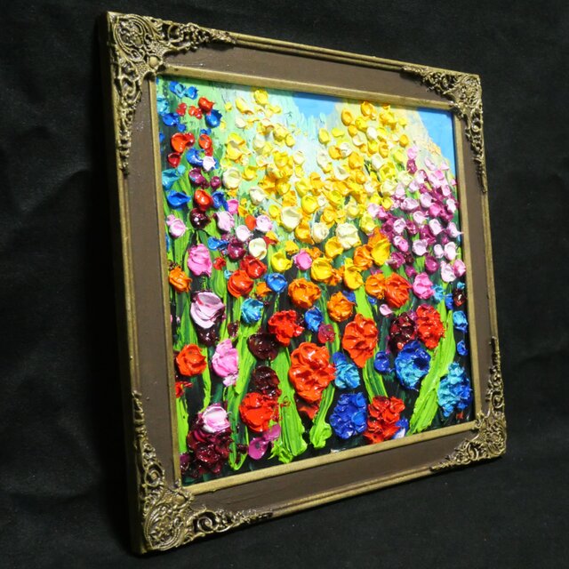 原画】油絵「colorful flower garden」色紙/ 鮮やかな花畑の風景画