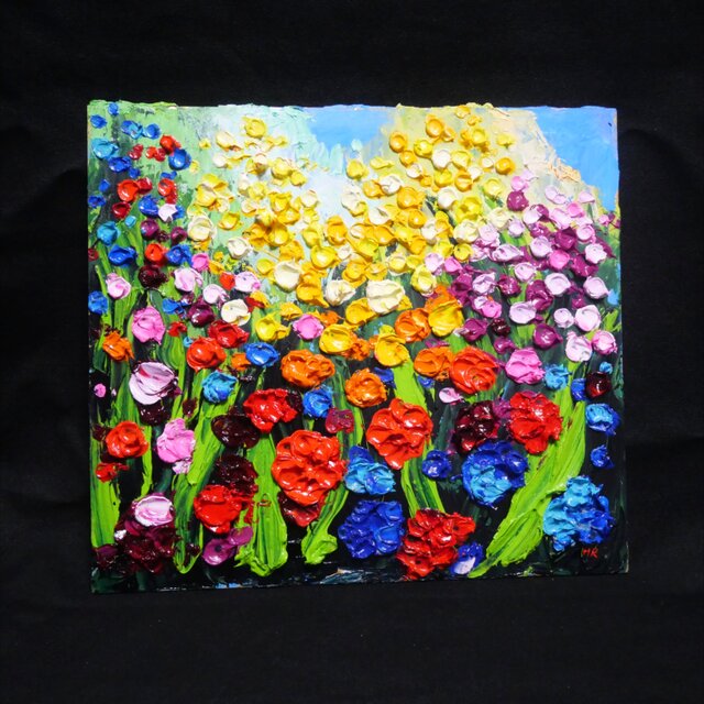 原画】油絵「colorful flower garden」色紙/ 鮮やかな花畑の風景画