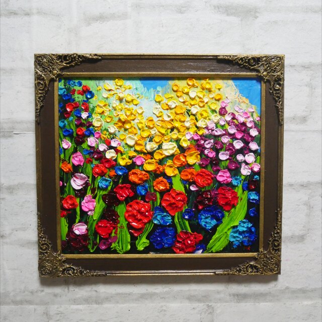 油絵 油彩 油彩画 絵 絵画　【flower garden】 原画】油絵「colorful flower garden」色紙/ 鮮やかな花畑の風景画