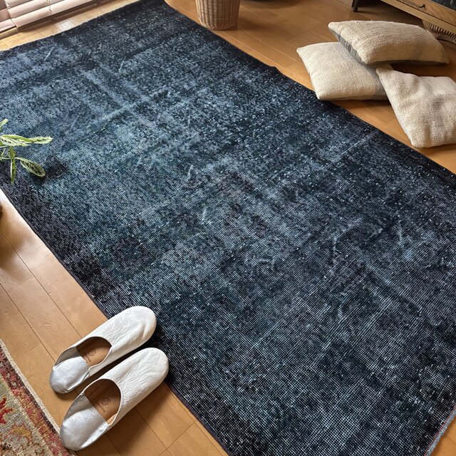 貴重110×198 デニムブルー藍色オーバーダイ トルコヴィンテージラグ