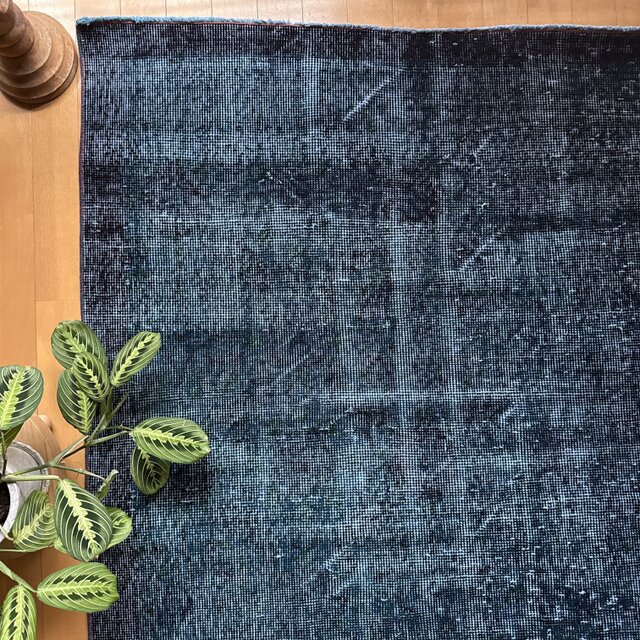 貴重110×198 デニムブルー藍色オーバーダイ トルコヴィンテージラグ