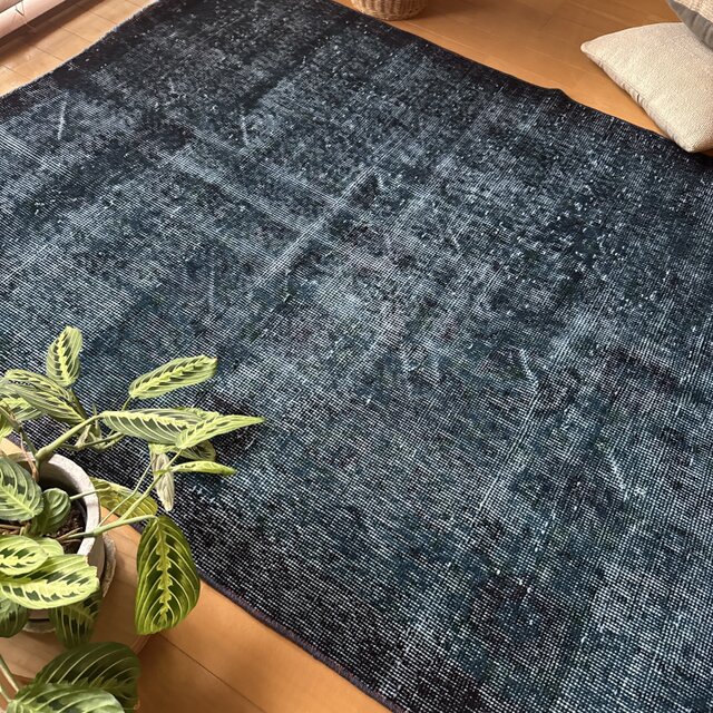 貴重110×198 デニムブルー藍色オーバーダイ トルコヴィンテージラグ