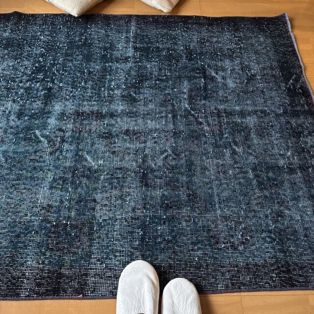 貴重110×198 デニムブルー藍色オーバーダイ トルコヴィンテージラグ