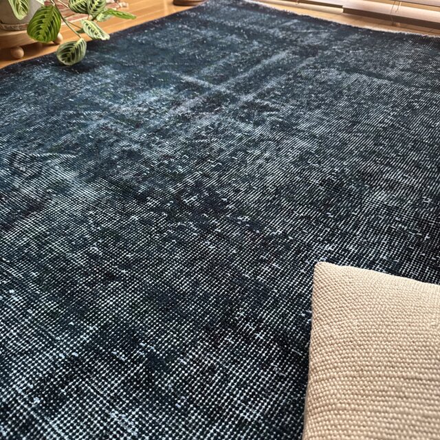 貴重110×198 デニムブルー藍色オーバーダイ トルコヴィンテージラグ