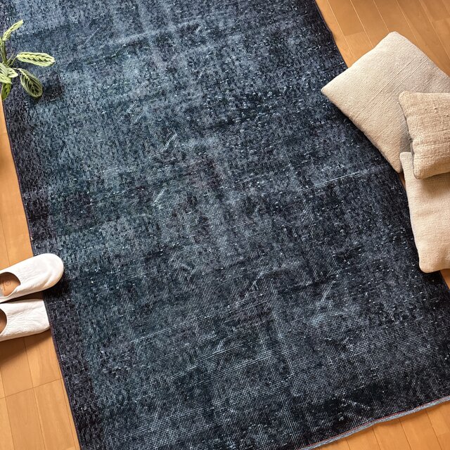 貴重110×198 デニムブルー藍色オーバーダイ トルコヴィンテージラグ