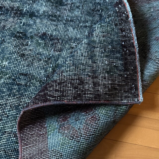 貴重110×198 デニムブルー藍色オーバーダイ トルコヴィンテージラグ