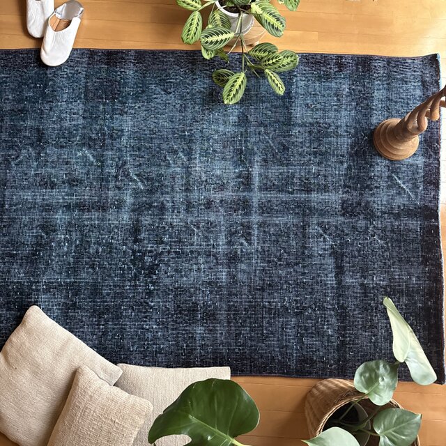 貴重110×198 デニムブルー藍色オーバーダイ トルコヴィンテージラグ