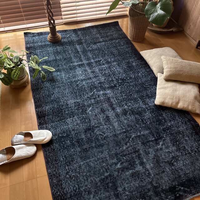 貴重110×198 デニムブルー藍色オーバーダイ トルコヴィンテージラグ