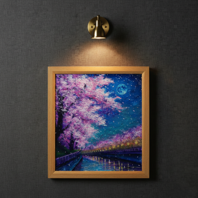 油絵【青い満月の夜桜】原画 油彩画 絵画 風景画 夜景 桜アート 春